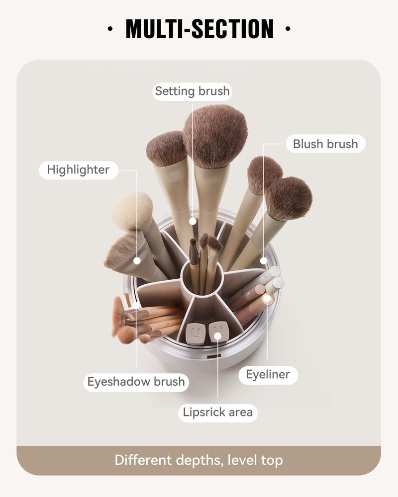 EACHY Makeup Brush Holder 360° Rotating with Dustproof Lid, Waterproof Material, 7 Compartments for Organized Storage, Stylish and Durable Design for Vanity (White) - Image 5